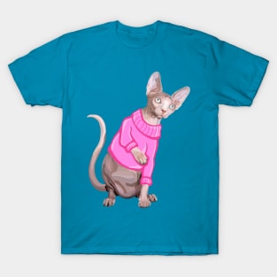 Cozy Sphynx Cat with Pink Knit Sweater T-Shirt